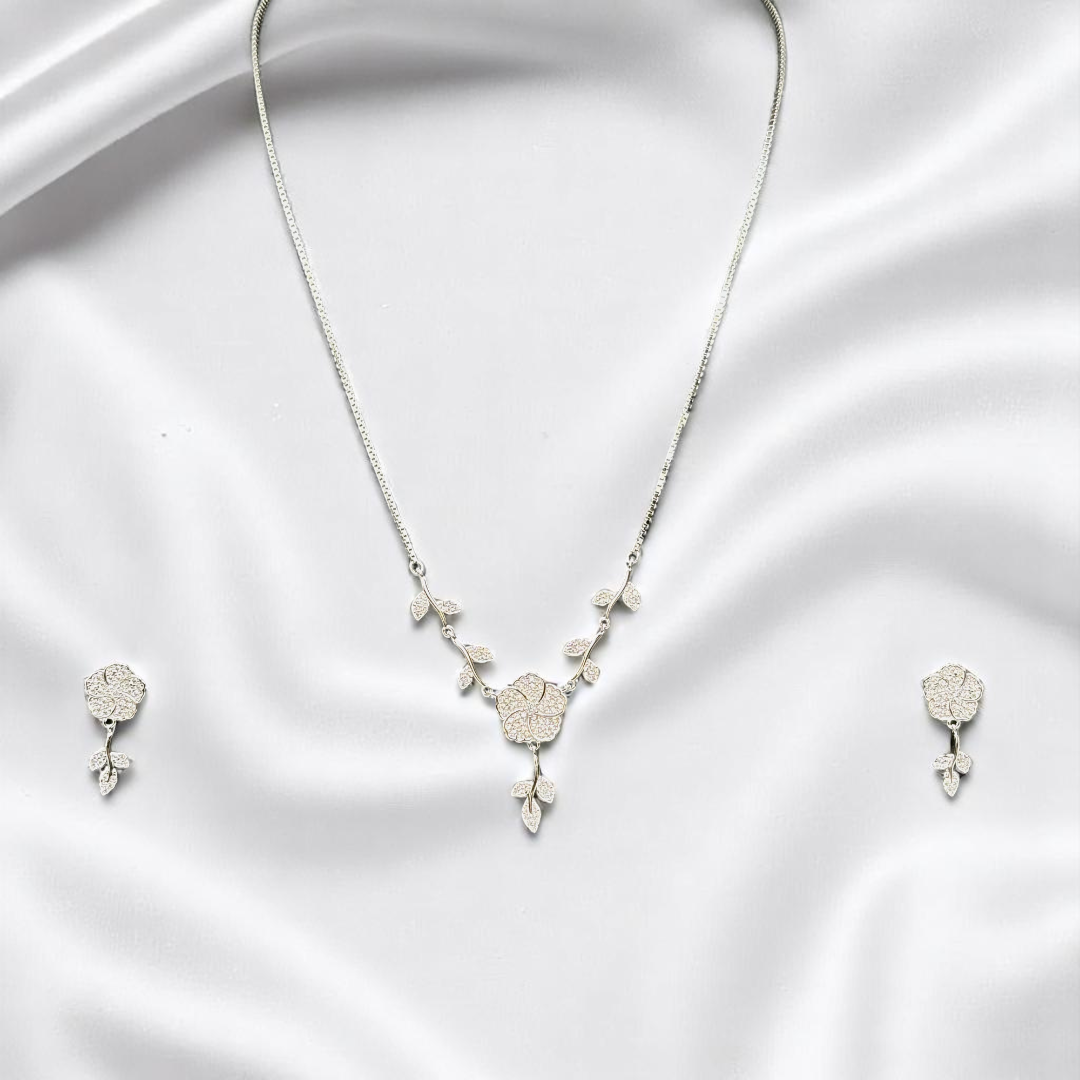 925 silver floral necklace and earrings set, featuring beautiful floral designs that bring a fresh and nature-inspired vibe.