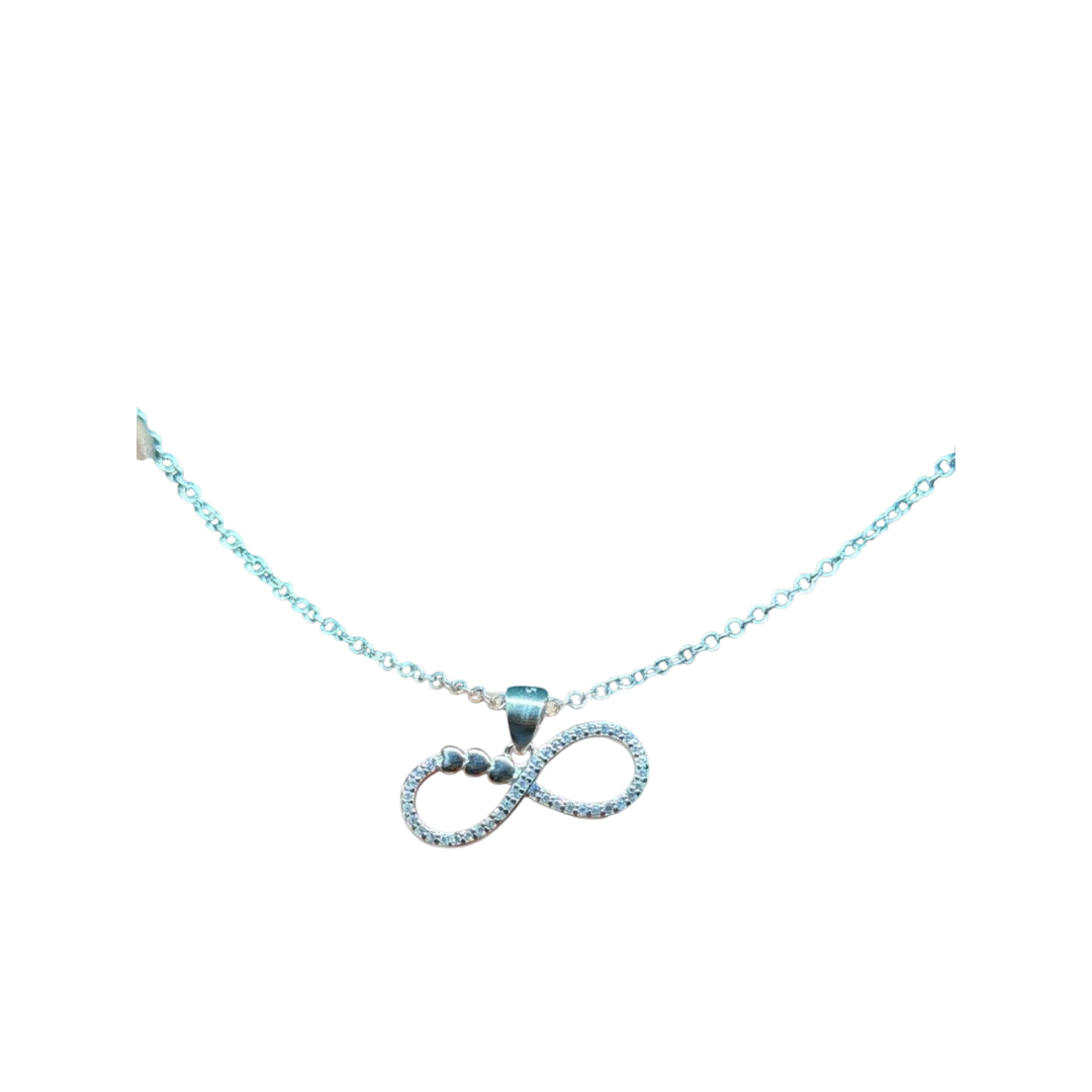 BlingbyAnvika sterling silver infinity necklace with cubic zirconia and heart details. Delicate chain.