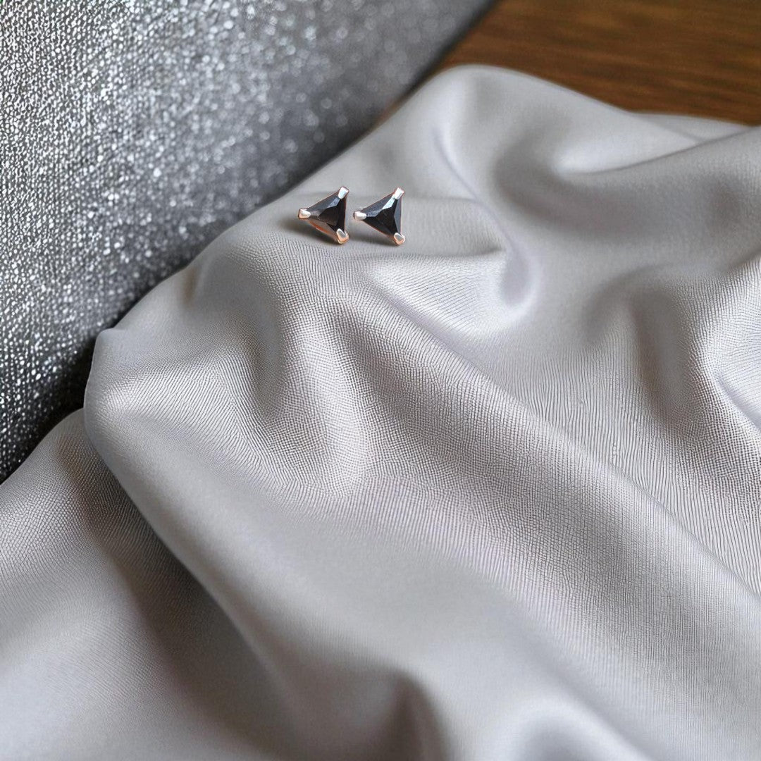 BlingbyAnvika 925 sterling silver triangle studs with black stones, elegant and timeless.