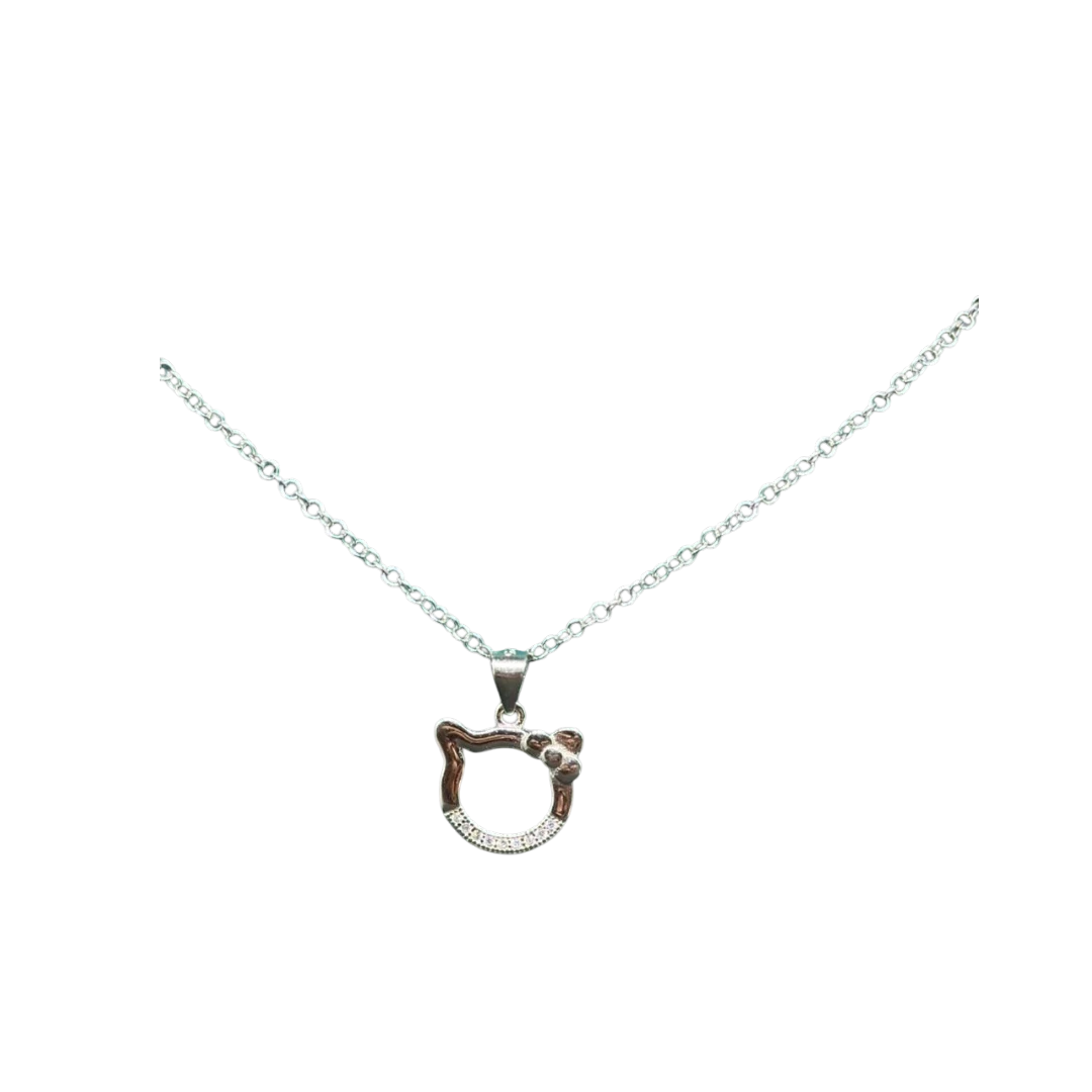BlingbyAnvika 925 Sterling Silver cute kitty face pendant with bow and cubic zirconia accents on a delicate chain.