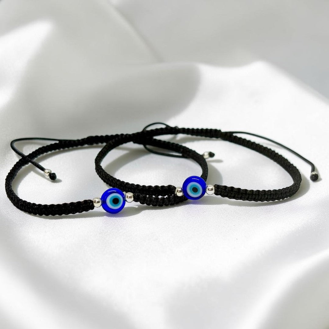 BlingbyAnvika black thread evil eye nazarband anklet with 925 sterling silver beads and blue evil eye charm.