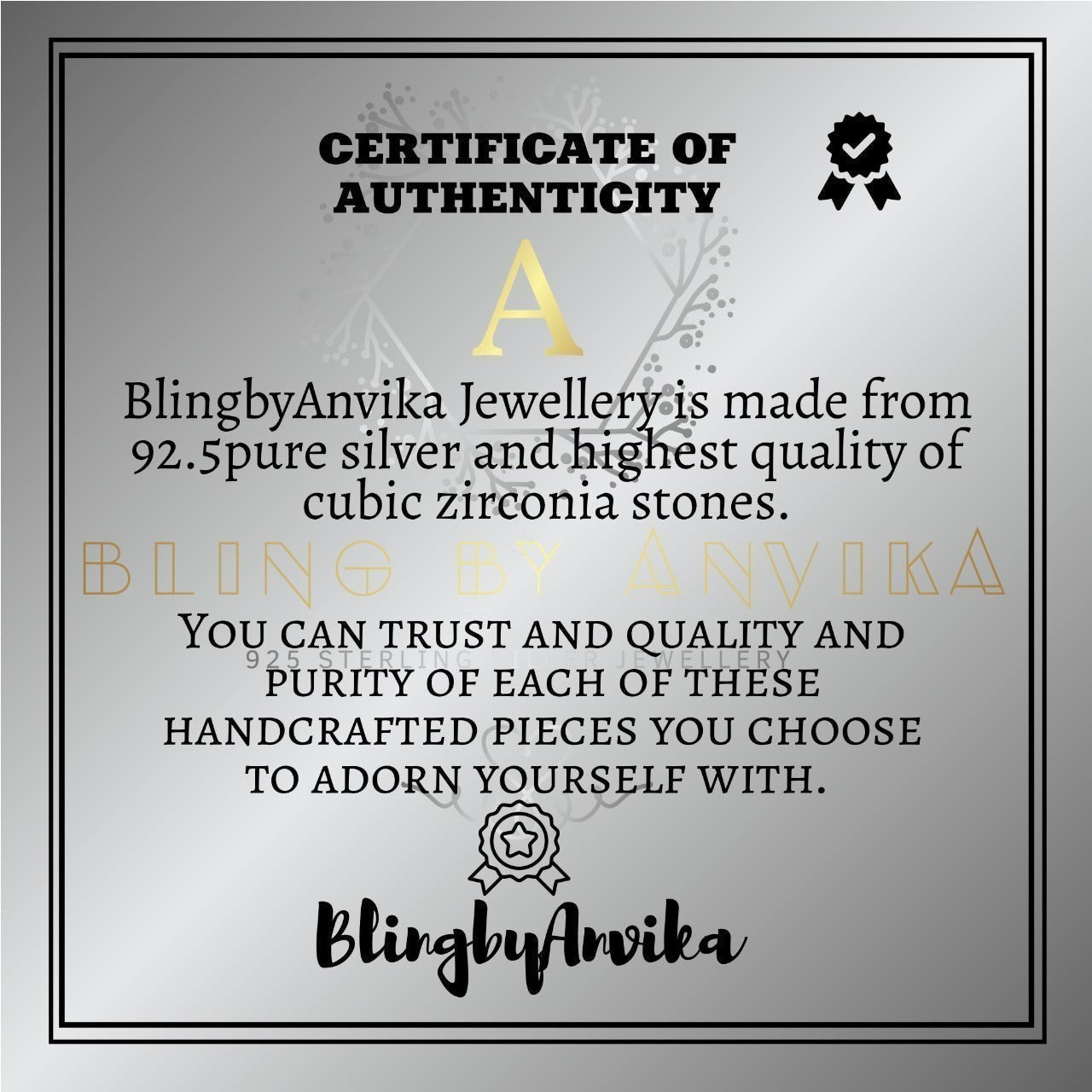 BlingbyAnvika certificate of authenticity for 925 sterling silver and cubic zirconia jewellery