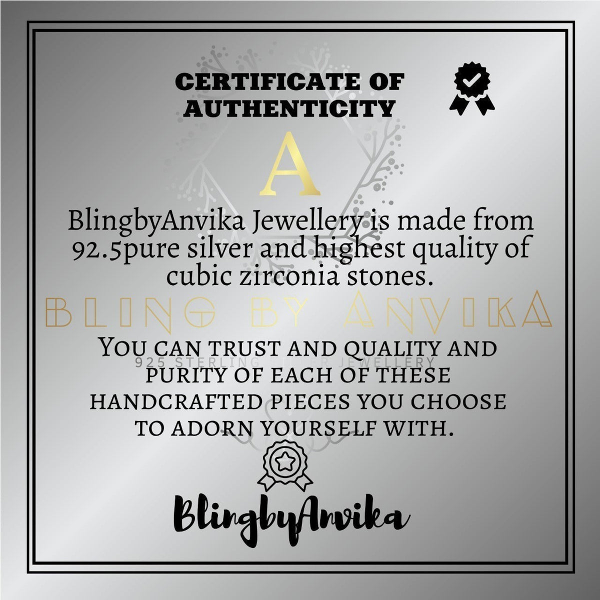BlingbyAnvika certificate of authenticity for 925 sterling silver and cubic zirconia jewelry