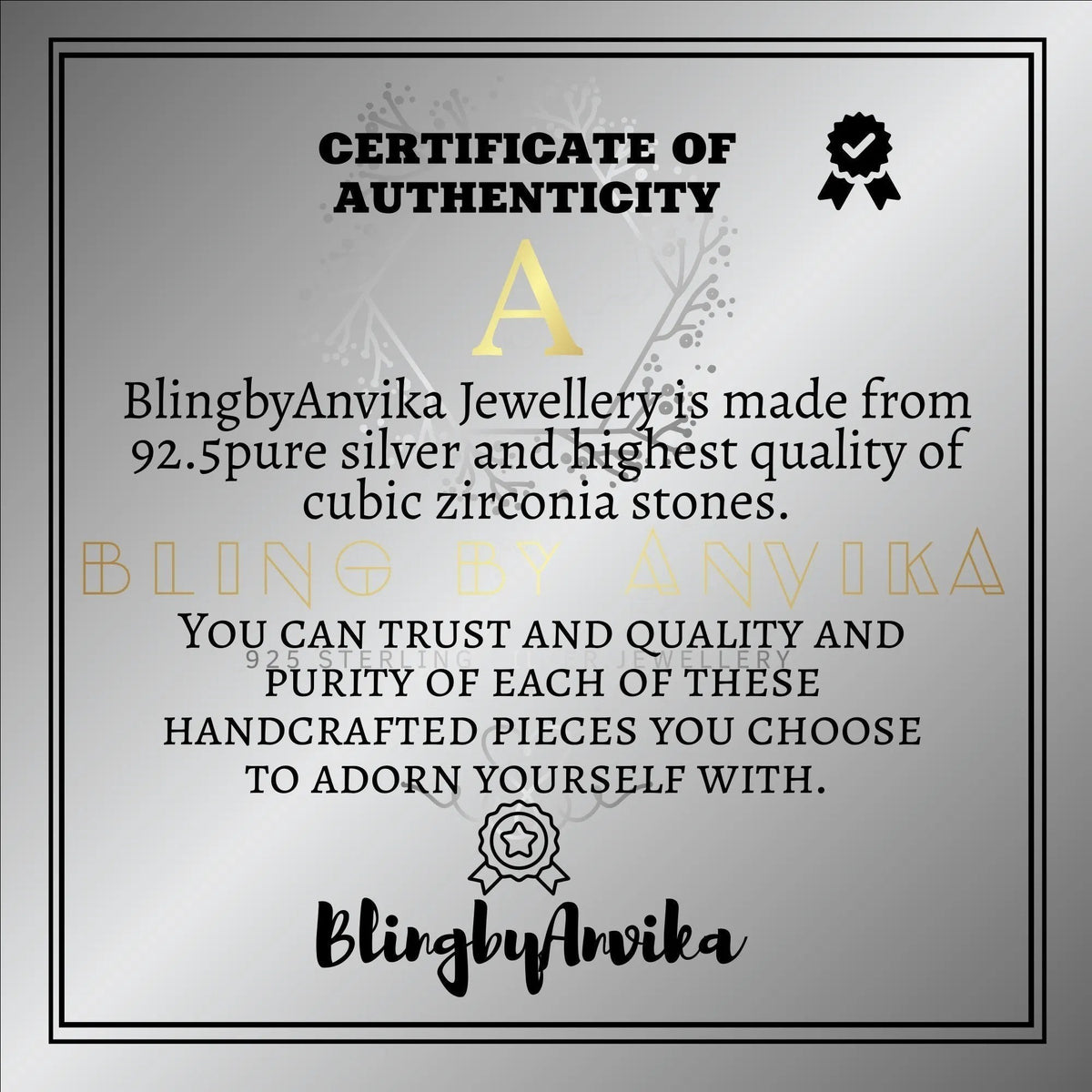 BlingbyAnvika certificate of authenticity for 925 sterling silver and cubic zirconia jewelry
