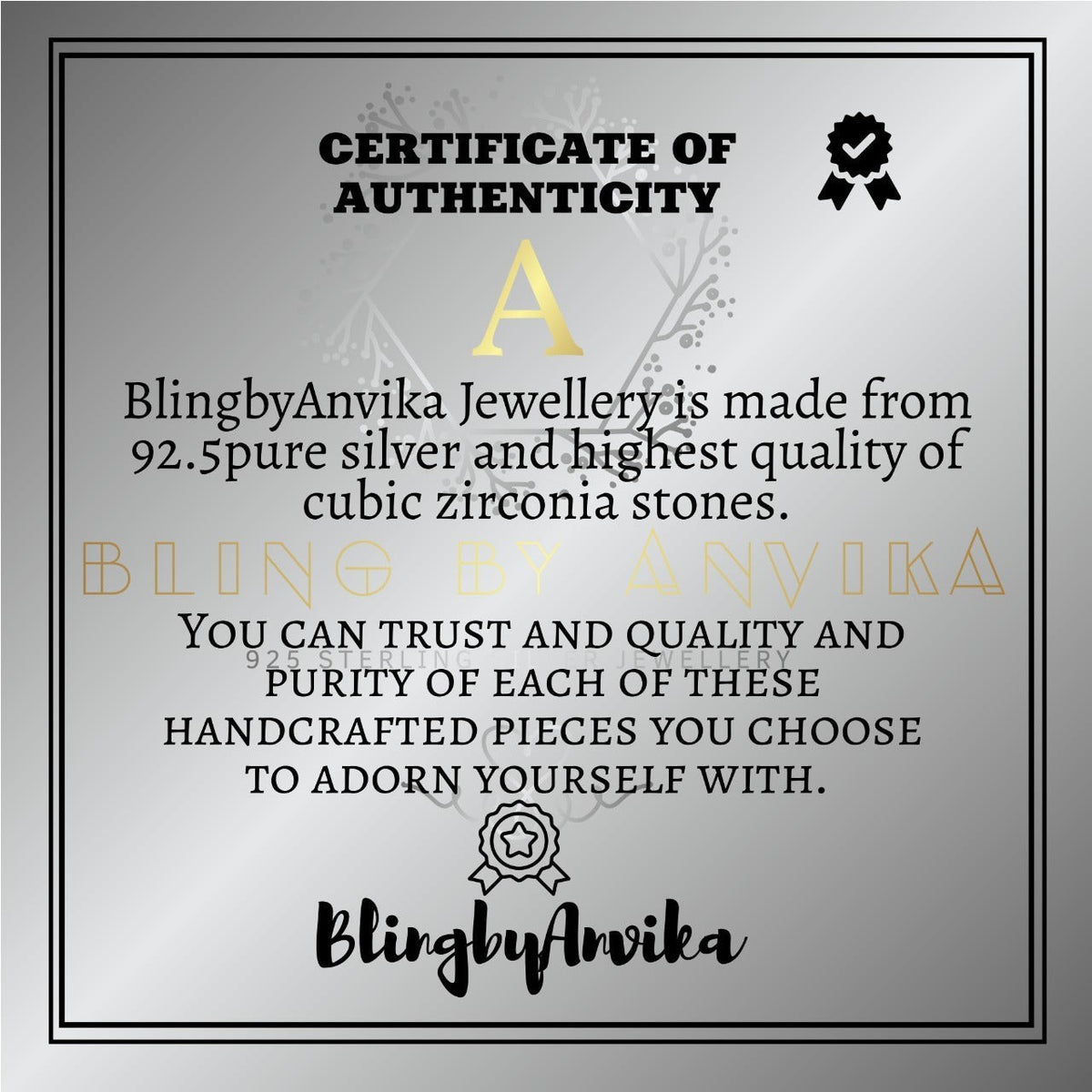 BlingbyAnvika certificate of authenticity for 925 sterling silver and cubic zirconia jewellery