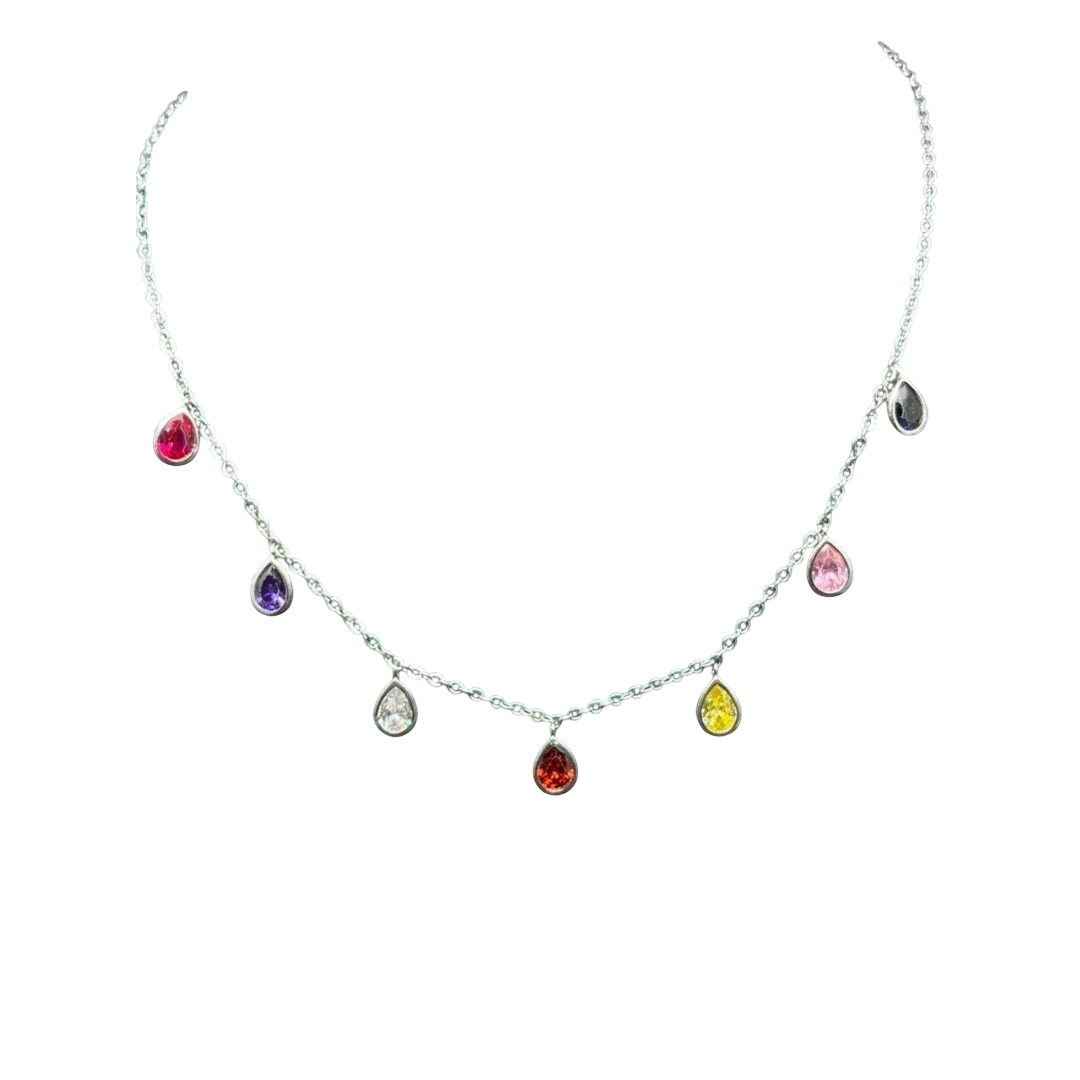 BlingbyAnvika sterling silver necklace with colorful teardrop cubic zirconia gems. Delicate chain, playful elegance.