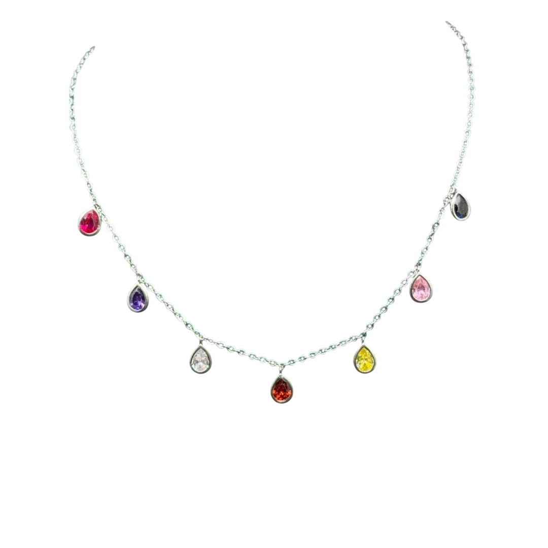 BlingbyAnvika sterling silver necklace with colorful teardrop cubic zirconia gems. Delicate chain, playful elegance.