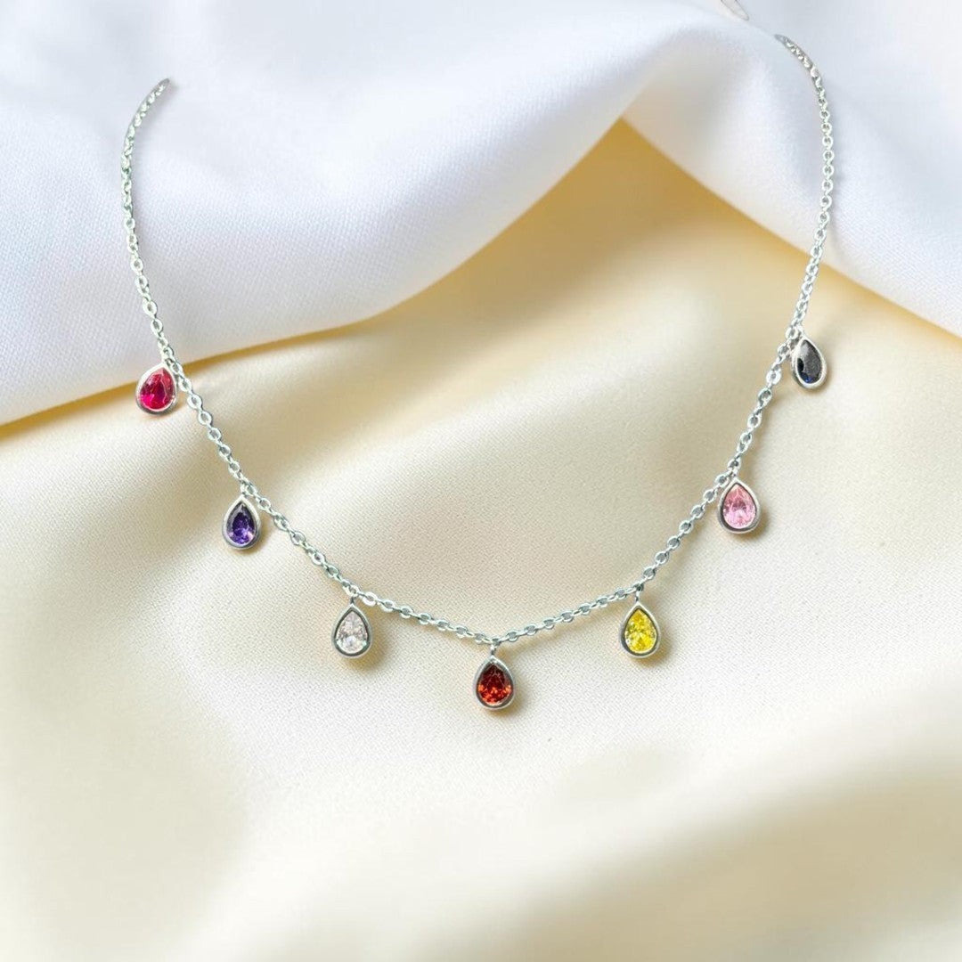 BlingbyAnvika sterling silver necklace with colorful teardrop cubic zirconia gems. Delicate chain, playful elegance.