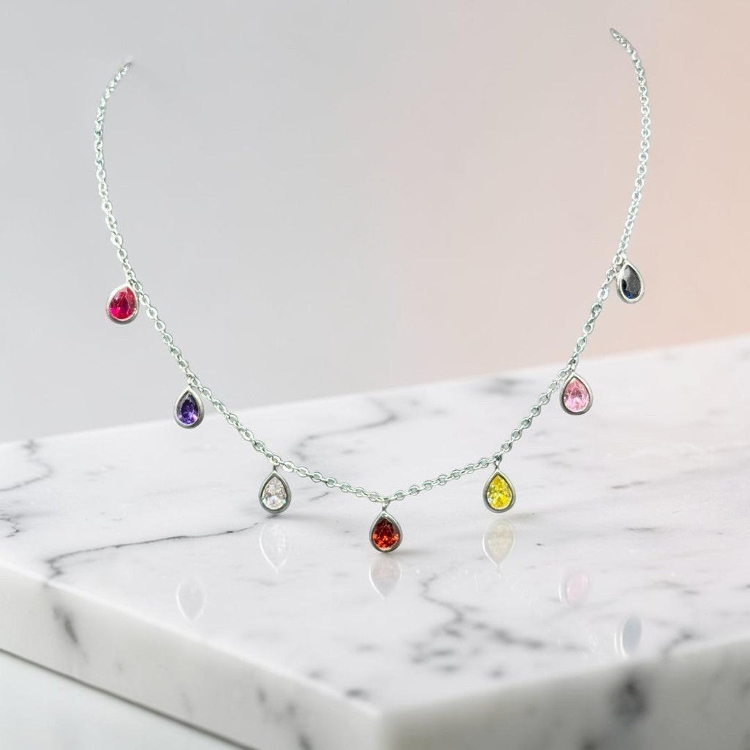 BlingbyAnvika sterling silver necklace with colorful teardrop cubic zirconia gems. Delicate chain, playful elegance.