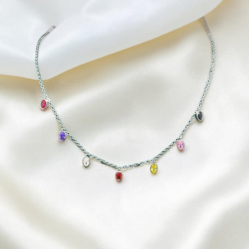 BlingbyAnvika sterling silver necklace with colorful oval gemstones dangling from a fine chain. Perfect for everyday wear.