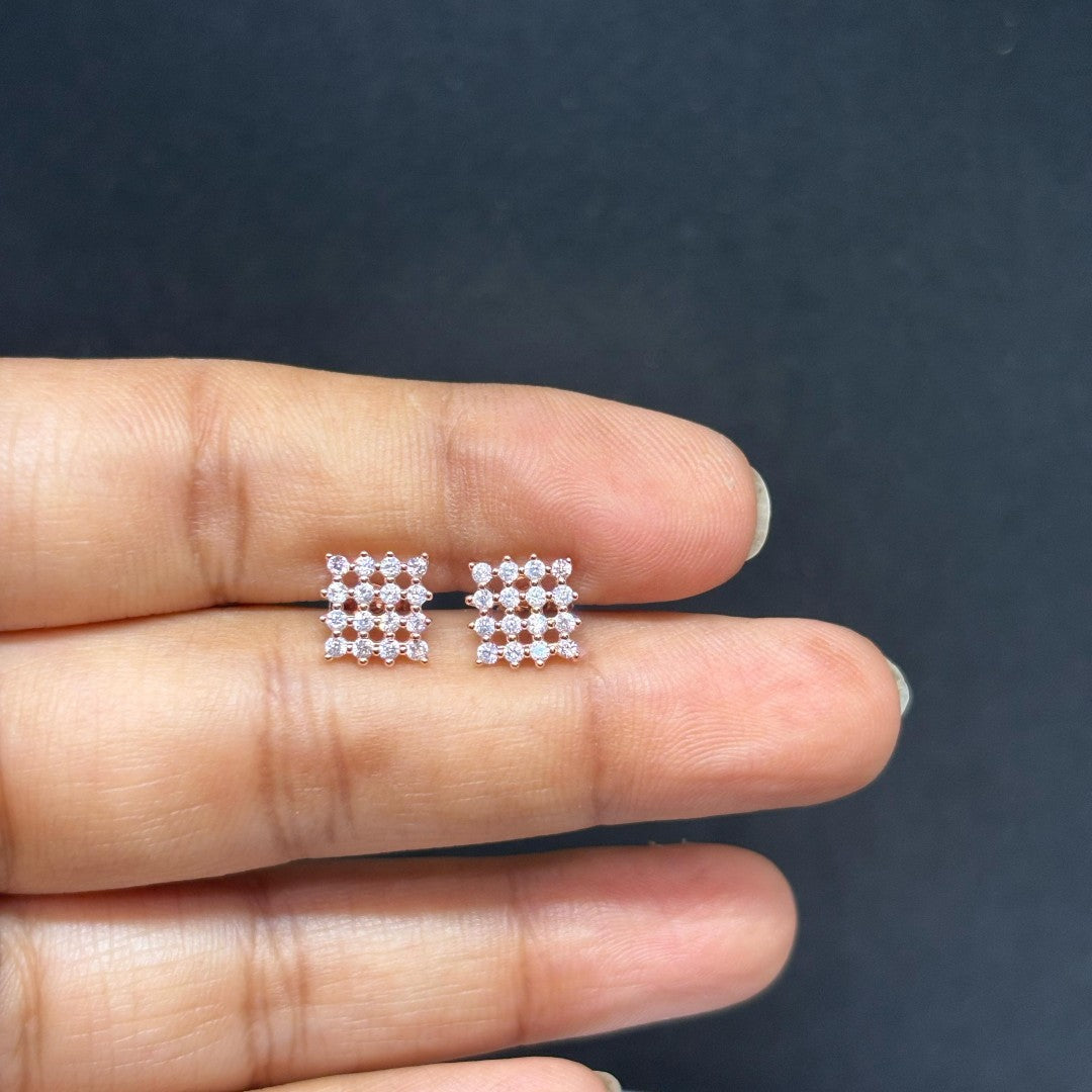BlingbyAnvika rose gold plated sterling silver square stud earrings with clear zircon stones.