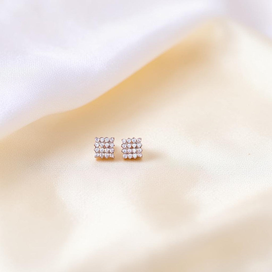 BlingbyAnvika rose gold plated sterling silver square stud earrings with clear zircon stones.