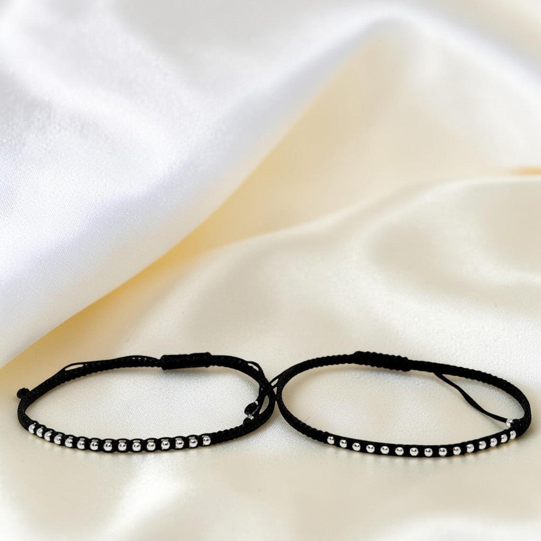BlingbyAnvika 925 sterling silver and black thread Nazarband anklets featuring delicate silver beads on silk fabric