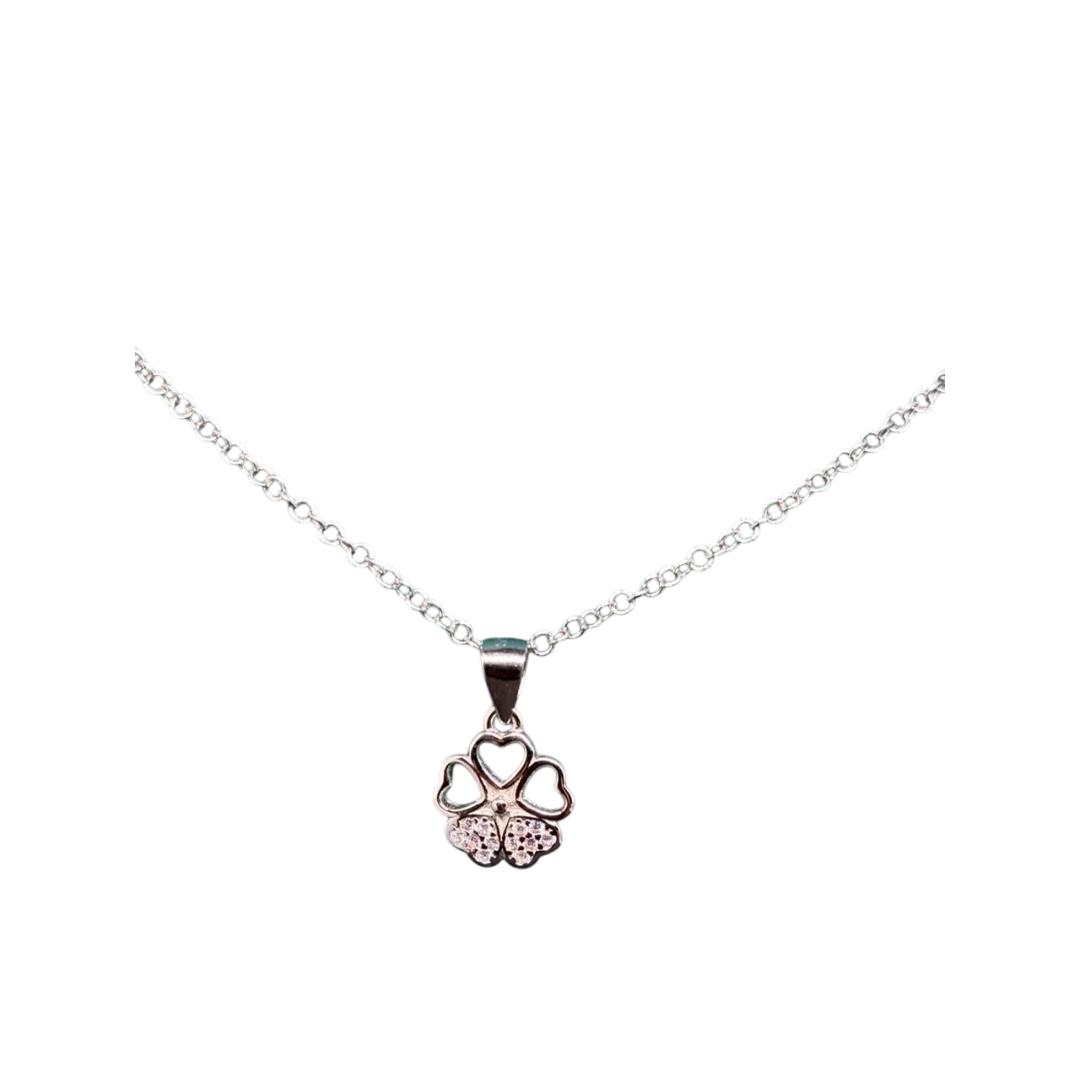BlingbyAnvika sterling silver necklace with a four-leaf clover pendant featuring heart-shaped petals and cubic zirconia.