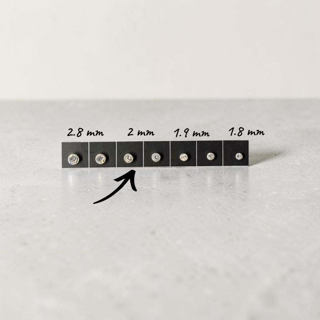 BlingbyAnvika 925 Sterling Silver stud nosepins with clear cubic zirconia in various sizes from 1.8mm to 2.8mm.