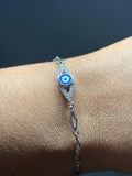 BlingbyAnvika 925 silver bracelet with blue and white evil eye charm, cubic zirconia accents, and geometric links.