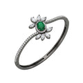 BlingbyAnvika 925 silver hinged bracelet featuring a green oval stone surrounded by marquise-cut white crystal flowers.