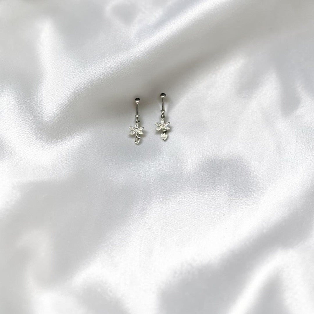 BlingbyAnvika 925 Sterling Silver delicate flower dangle bugadi earrings with sparkling cubic zirconia.