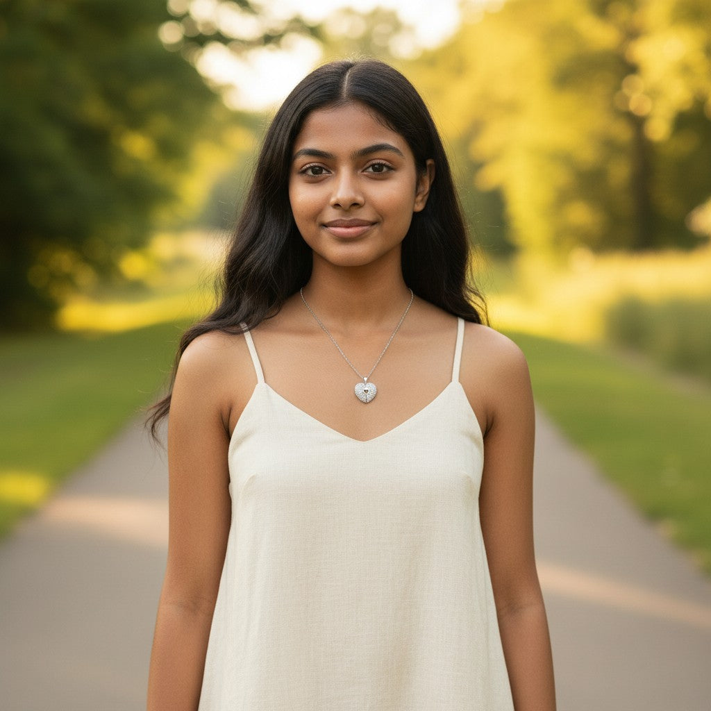 BlingbyAnvika 925 Sterling Silver split heart necklace with cubic zirconia stones and a delicate silver chain.