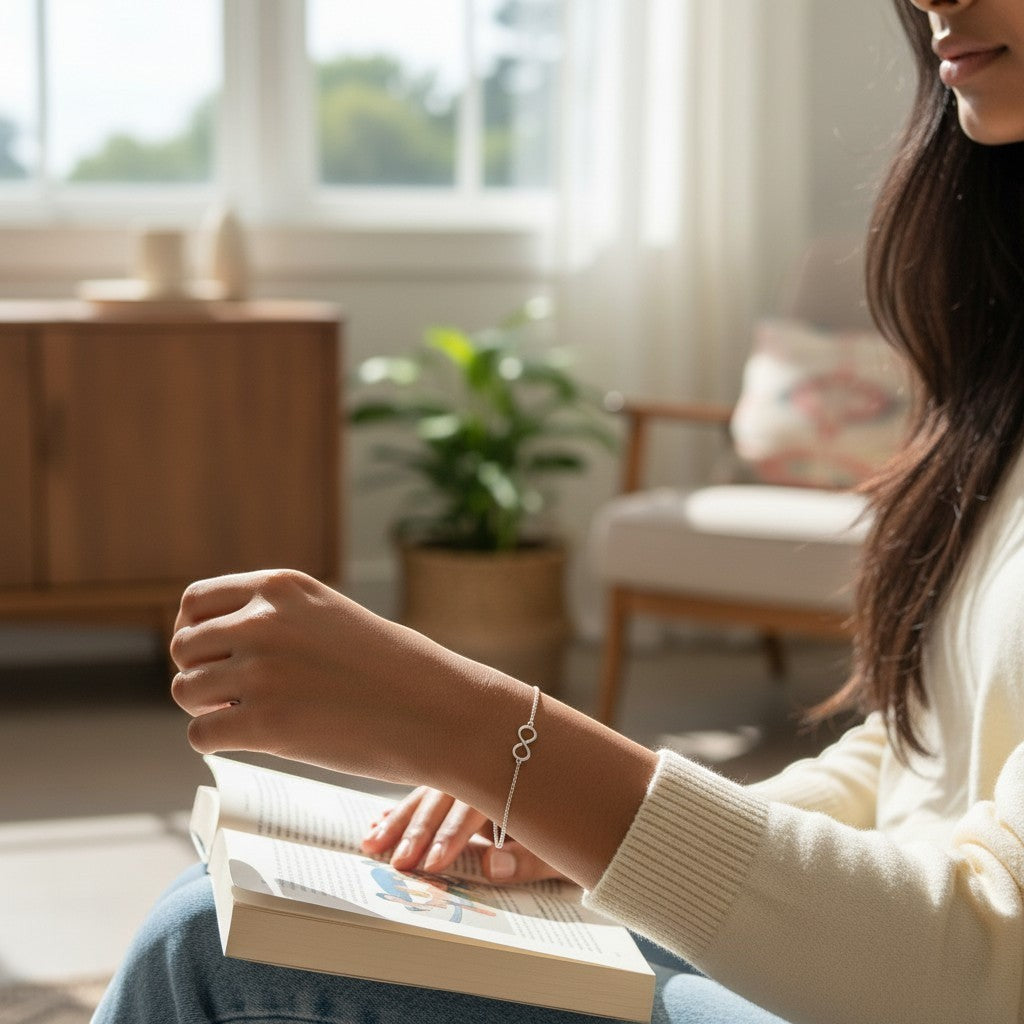 BlingbyAnvika 925 sterling silver infinity bracelet worn by a woman reading a book in a bright, cozy living room.