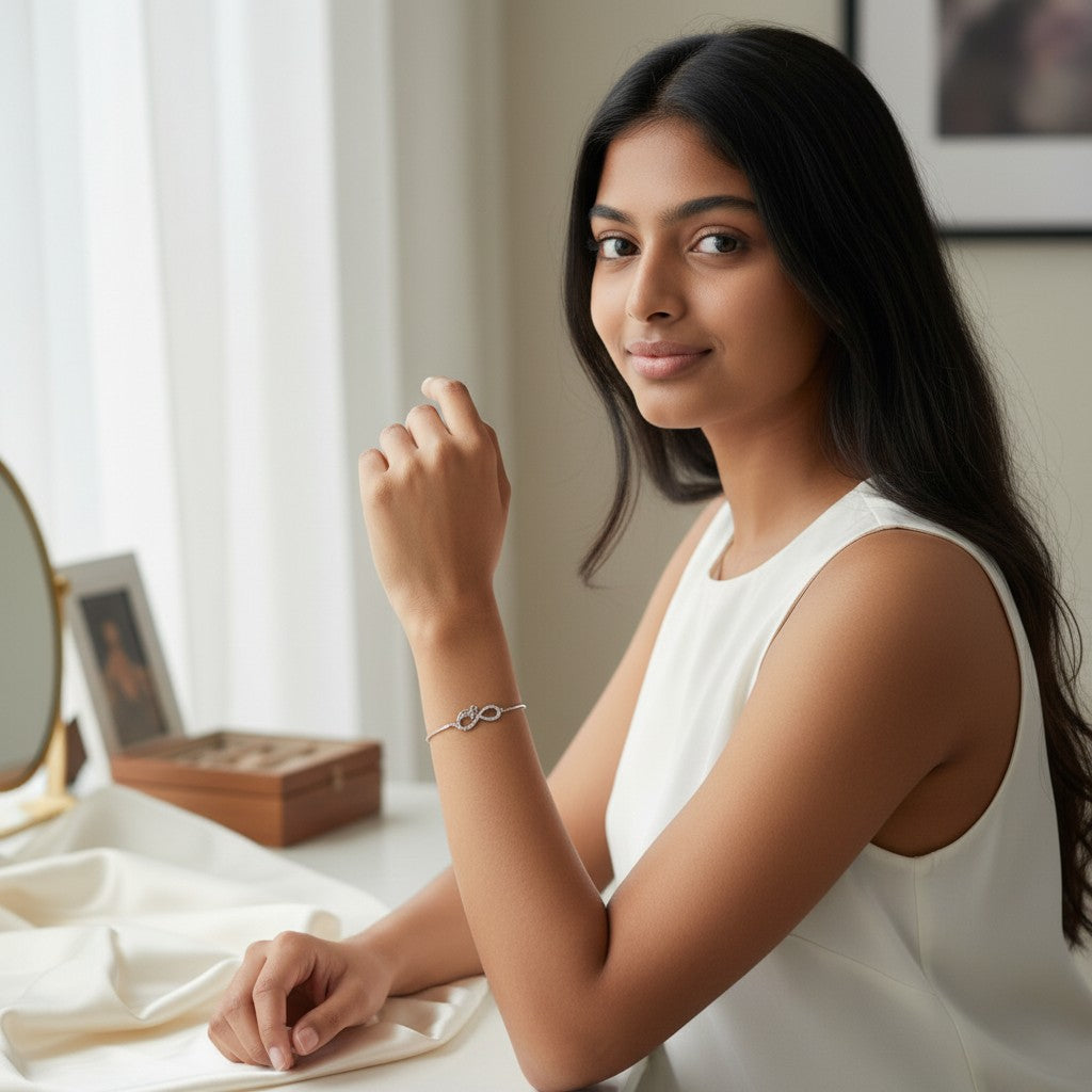 BlingbyAnvika sterling silver bracelet with infinity symbol, cubic zirconia, and 'love' charm. Features a dangling whimsical charm.
