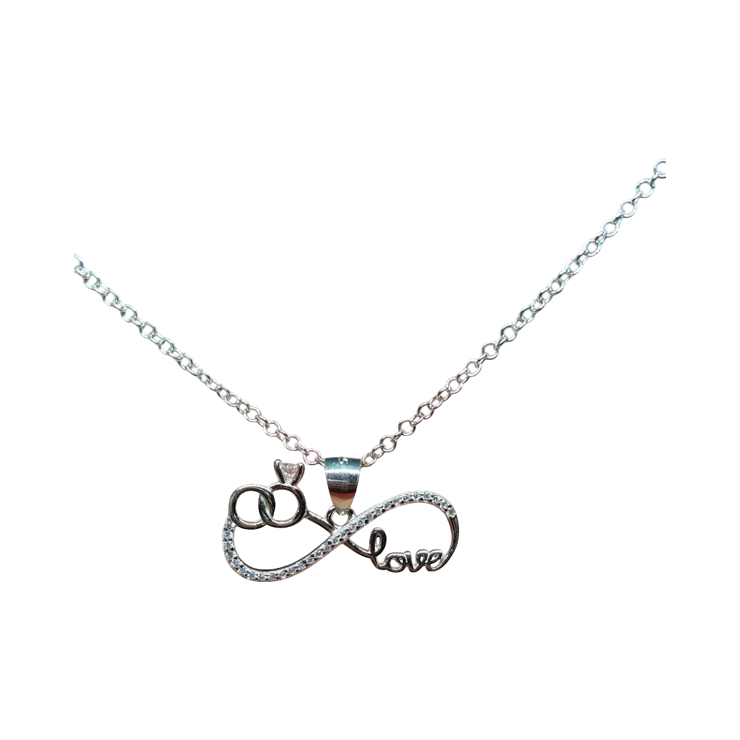 BlingbyAnvika silver infinity love pendant with cubic zirconia and interlocking rings.