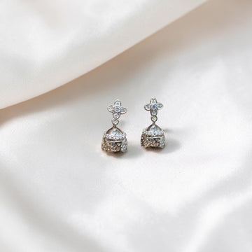 BlingbyAnvika sterling silver jhumka earrings with intricate detailing and cubic zirconia stones.