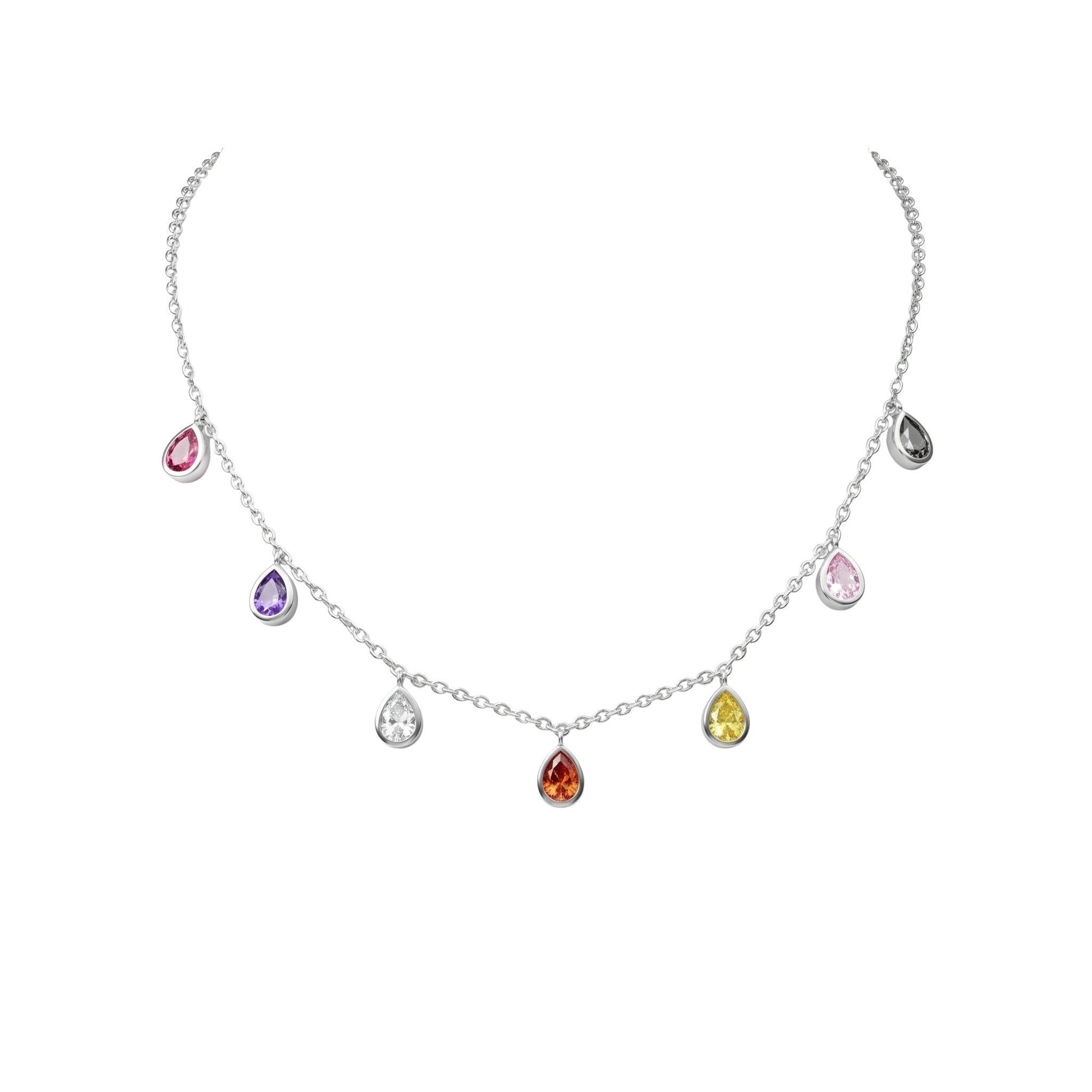 BlingbyAnvika sterling silver dainty necklace with multi-colored teardrop cubic zirconia stones on a delicate chain.