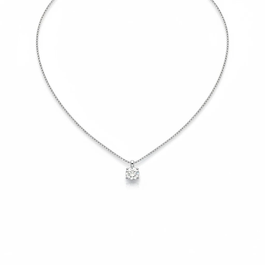 BlingbyAnvika 925 sterling silver necklace featuring a delicate chain and a single brilliant solitaire stone pendant.