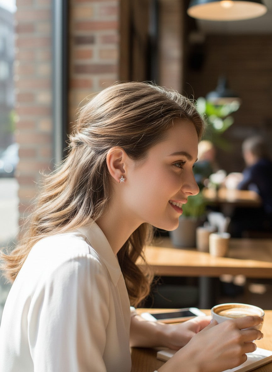 BlingbyAnvika sterling silver star-shaped zircon stud earrings worn by a smiling woman in a cafe