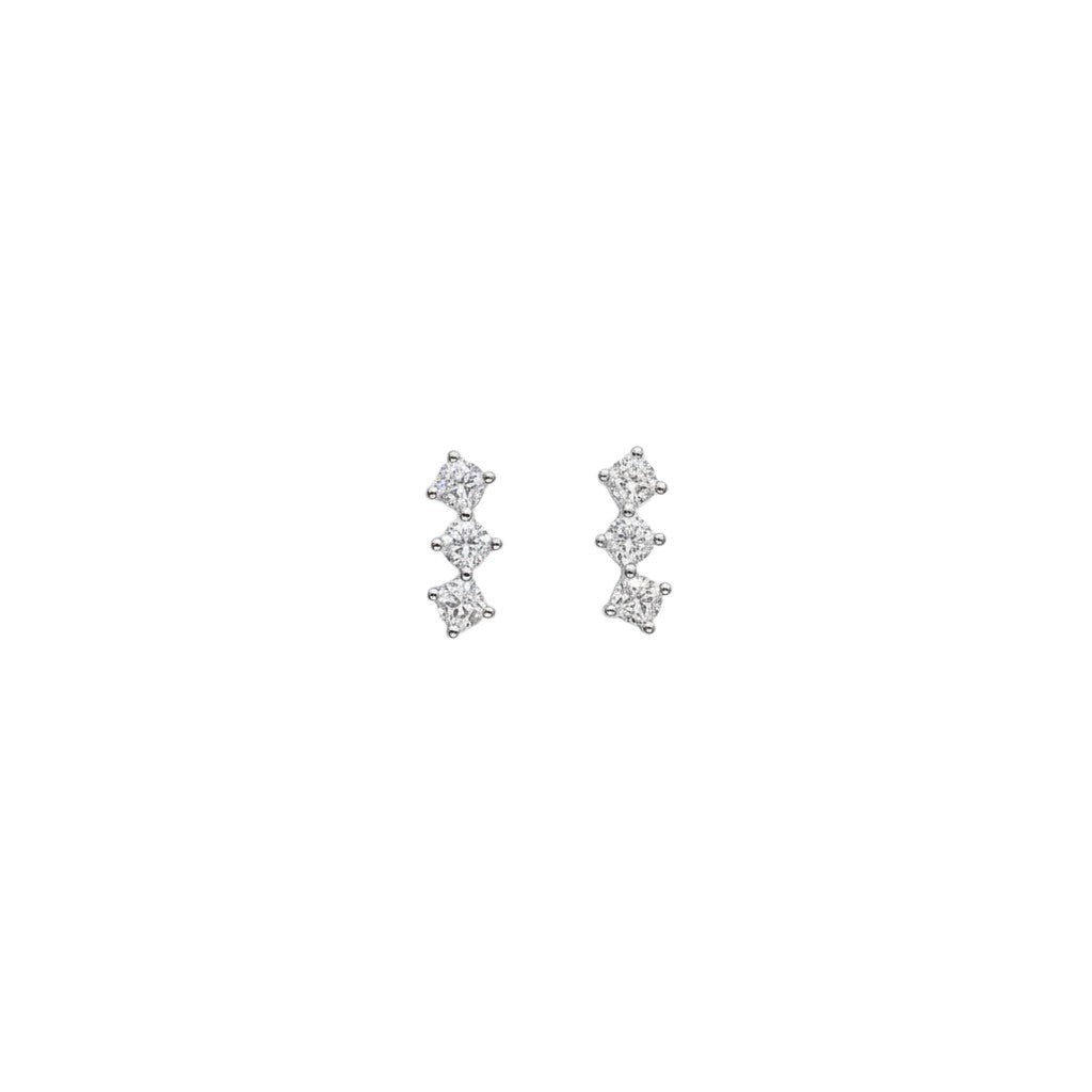 BlingbyAnvika sterling silver stud earrings featuring three sparkling AAA-grade zircon stones in a vertical design.